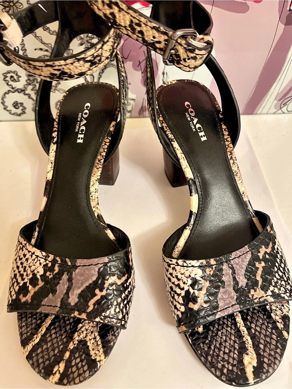 Coach Snakeskin Print Leather Ankle Strap Block Heel Sandals Size 6